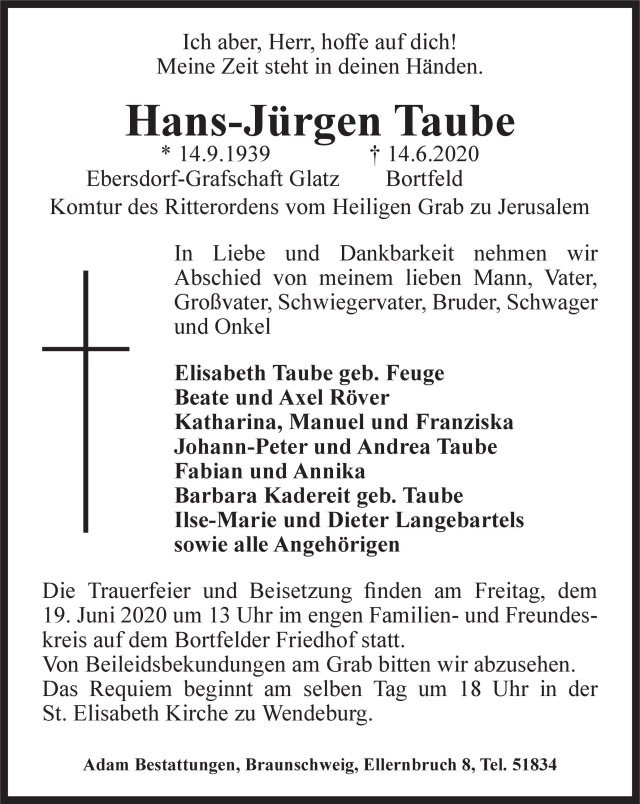 Traueranzeige der Familie für Hans-Jürgen Taube in der Braunschweiger Zeitung vom 19.06.2020